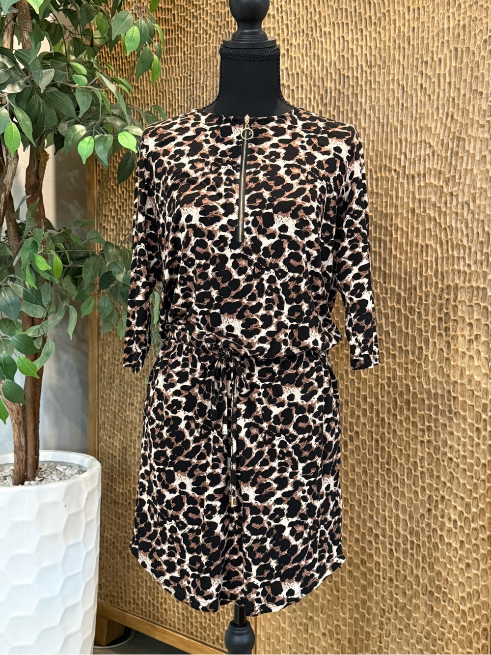 Lascana Leopard Print Zip-Front Drawstring Mini Dress 3/4 Sleeves Size 12